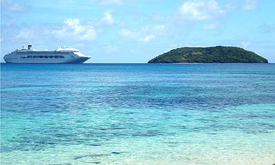 The Pacific Dawn at anchor near Dravuni Island, Fiji.
